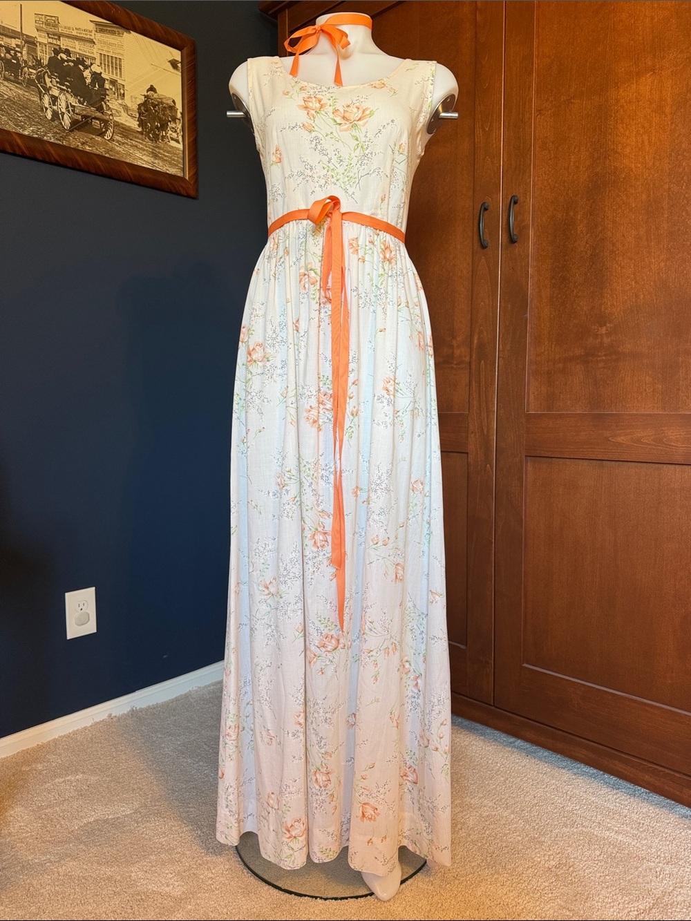 Handmade Cream Floral Maxi Dress with Orange Sash